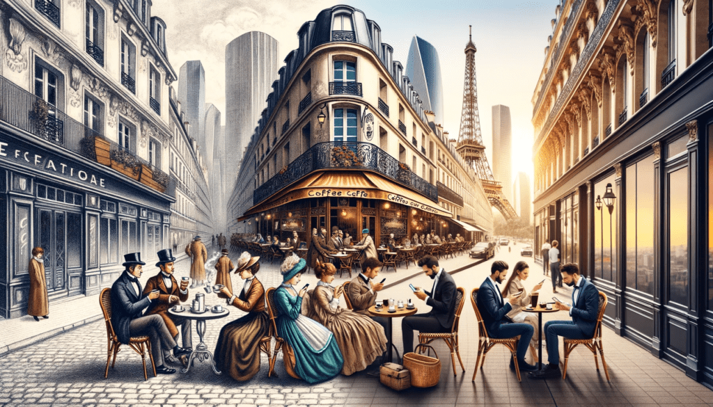 DALL·E 2024 01 30 12.47.33 Imagine a fusion image where one half depicts Parisian coffee culture in the 1800s and the other half depicts modern day Parisian coffee culture. On t